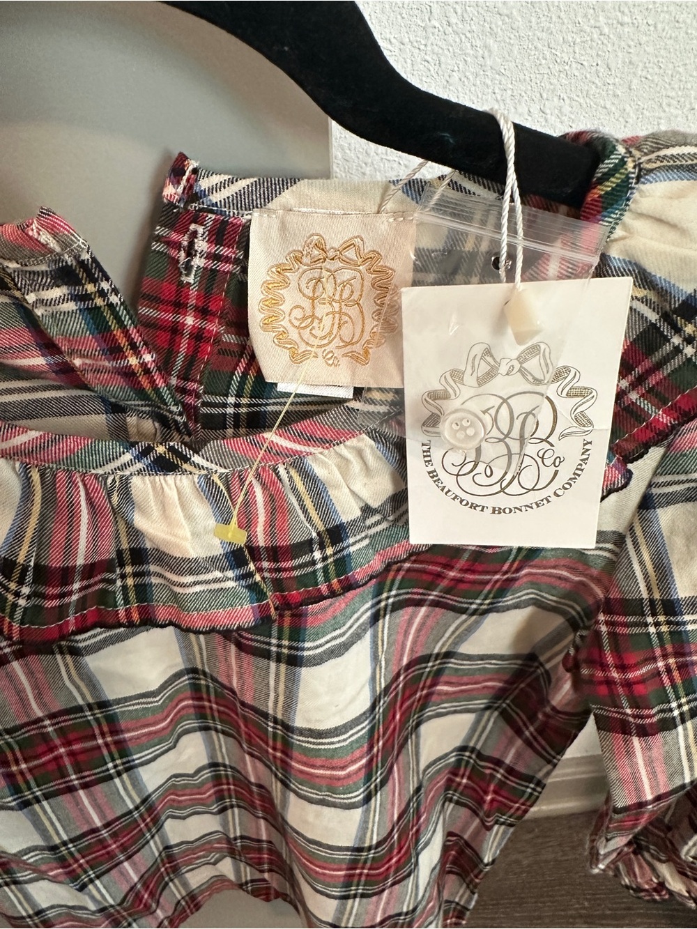 The Beaufort Bonnet Company Girls' Plaid Ruffle Collar Top - Red, Green, Cream - Picture 2 of 4